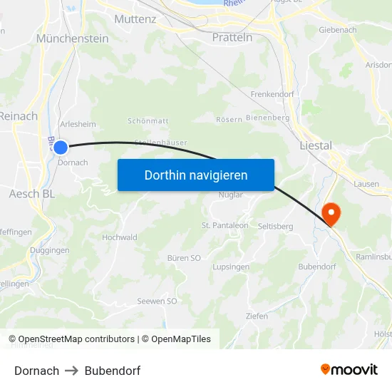 Dornach to Bubendorf map