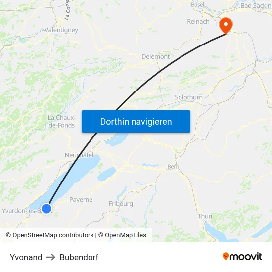 Yvonand to Bubendorf map