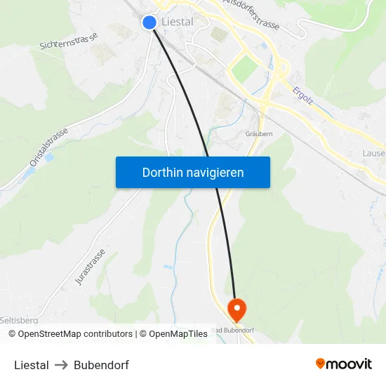 Liestal to Bubendorf map