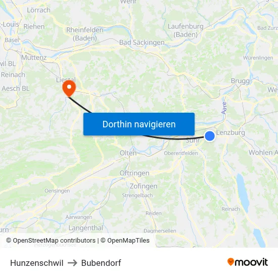 Hunzenschwil to Bubendorf map