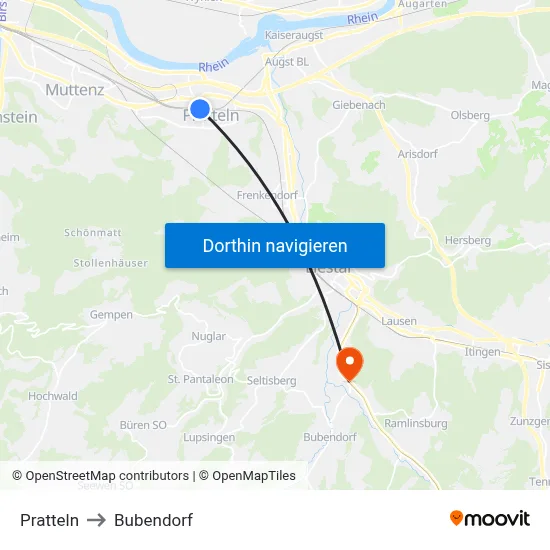 Pratteln to Bubendorf map