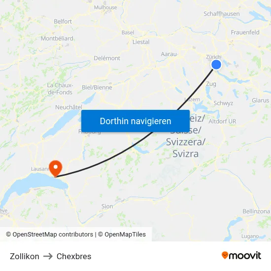 Zollikon to Chexbres map