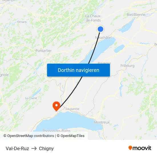 Val-De-Ruz to Chigny map