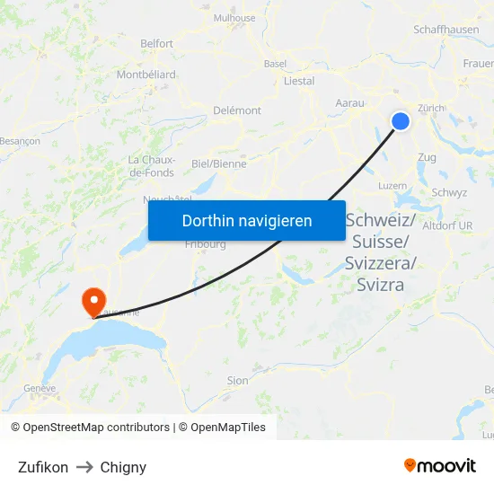 Zufikon to Chigny map