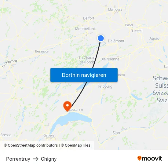 Porrentruy to Chigny map