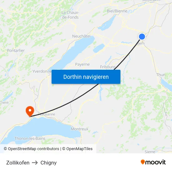 Zollikofen to Chigny map