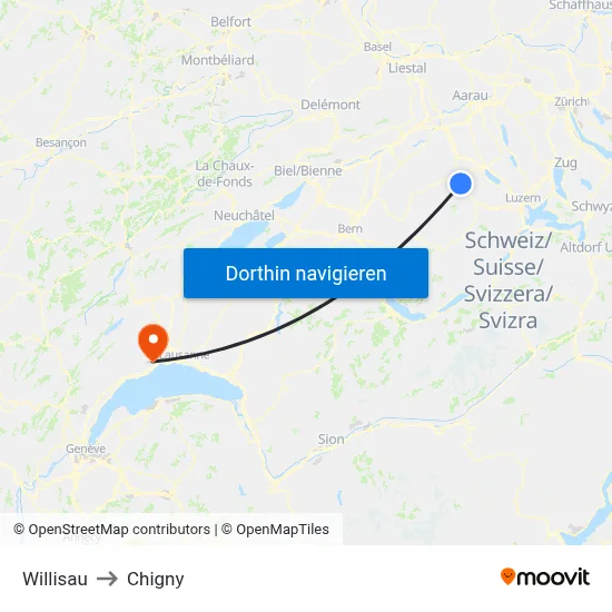 Willisau to Chigny map