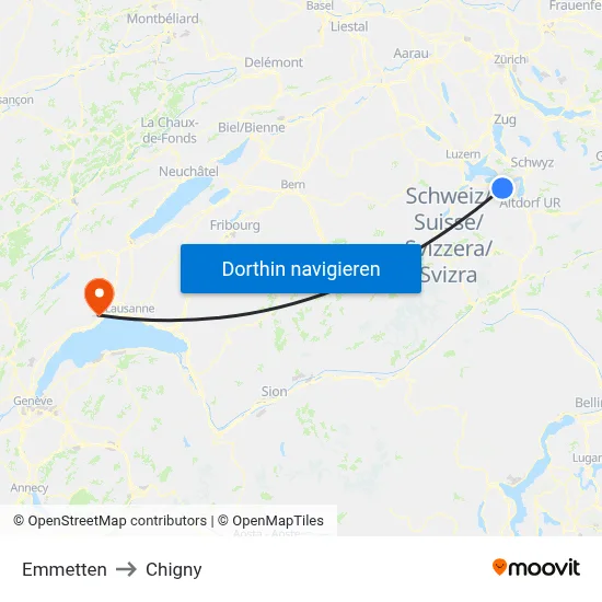 Emmetten to Chigny map