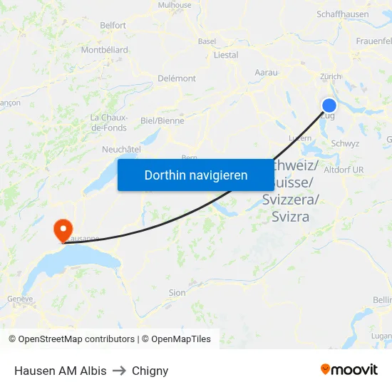 Hausen AM Albis to Chigny map