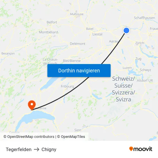 Tegerfelden to Chigny map