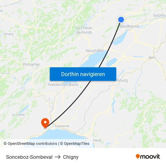 Sonceboz-Sombeval to Chigny map