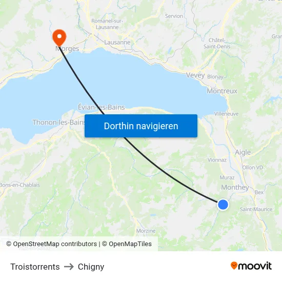 Troistorrents to Chigny map