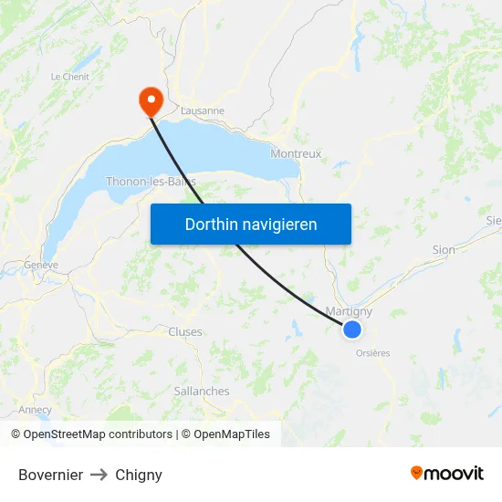 Bovernier to Chigny map