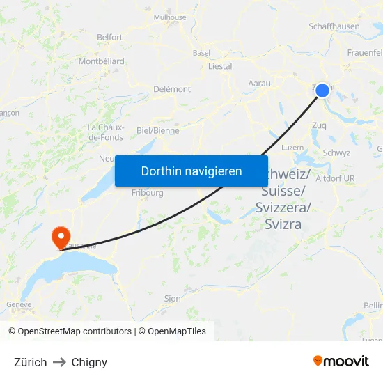 Zürich to Chigny map