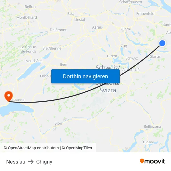 Nesslau to Chigny map
