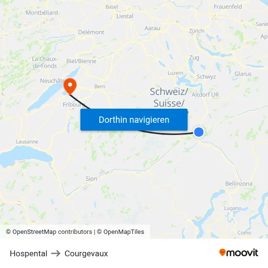 Hospental to Courgevaux map