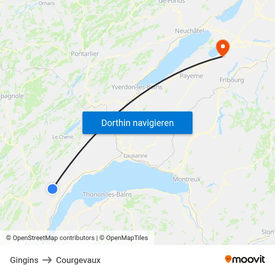 Gingins to Courgevaux map