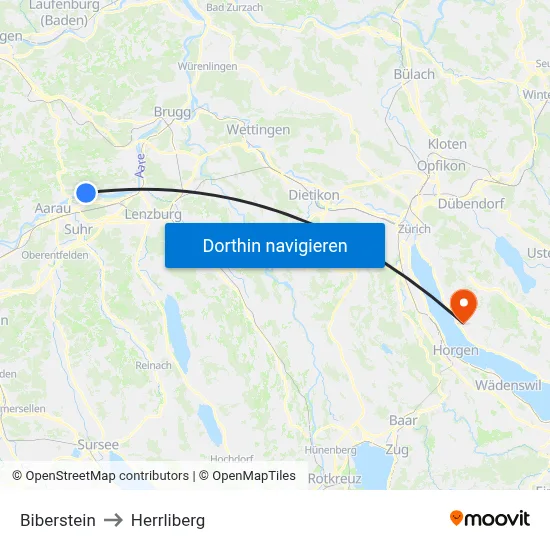 Biberstein to Herrliberg map