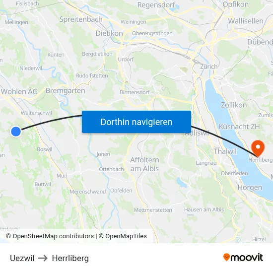 Uezwil to Herrliberg map