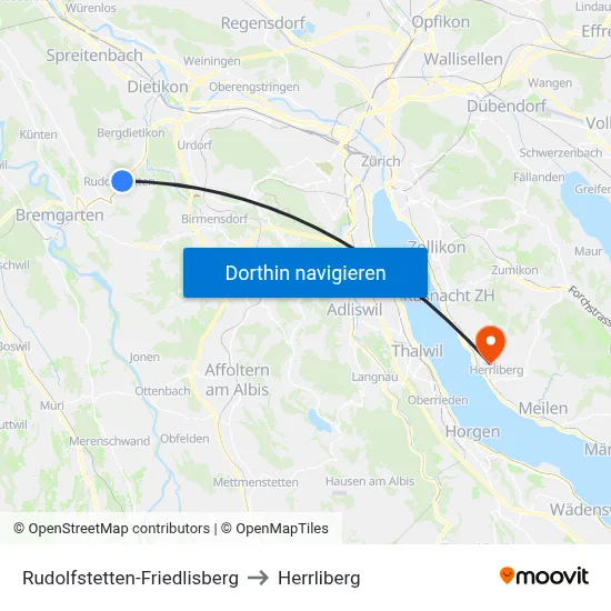 Rudolfstetten-Friedlisberg to Herrliberg map