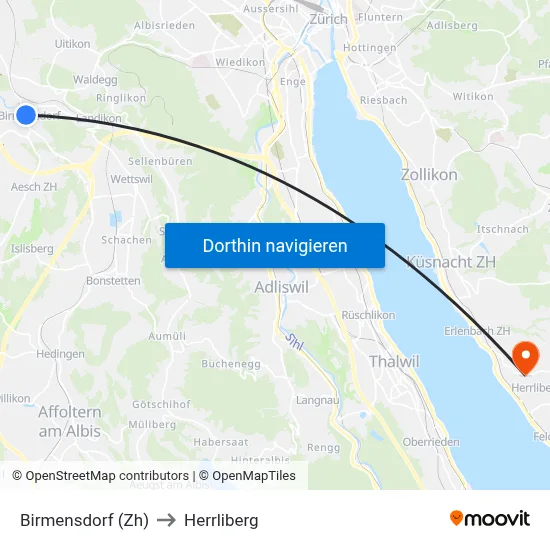 Birmensdorf (Zh) to Herrliberg map