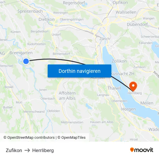 Zufikon to Herrliberg map