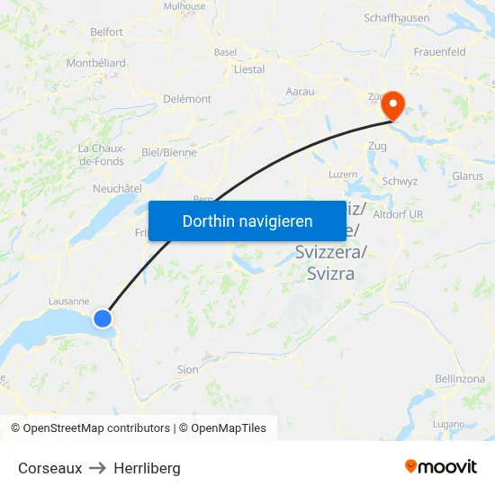 Corseaux to Herrliberg map