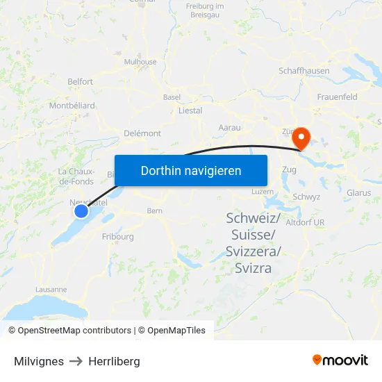 Milvignes to Herrliberg map