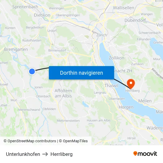 Unterlunkhofen to Herrliberg map