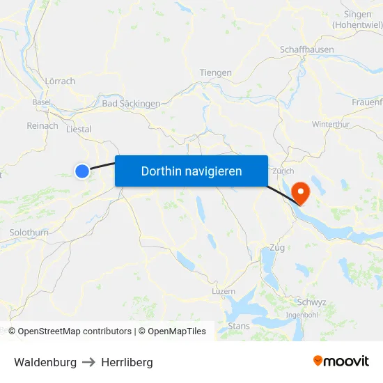 Waldenburg to Herrliberg map