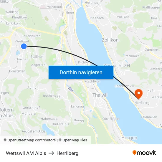 Wettswil AM Albis to Herrliberg map