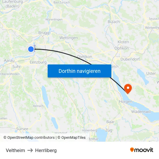 Veltheim to Herrliberg map