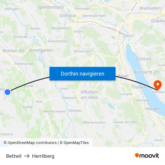Bettwil to Herrliberg map