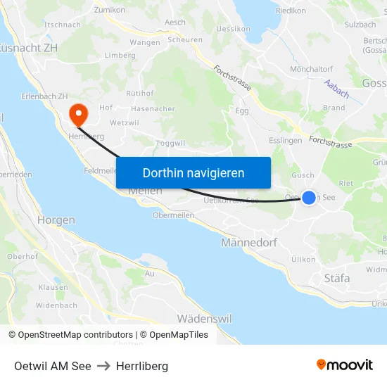 Oetwil AM See to Herrliberg map