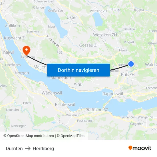 Dürnten to Herrliberg map
