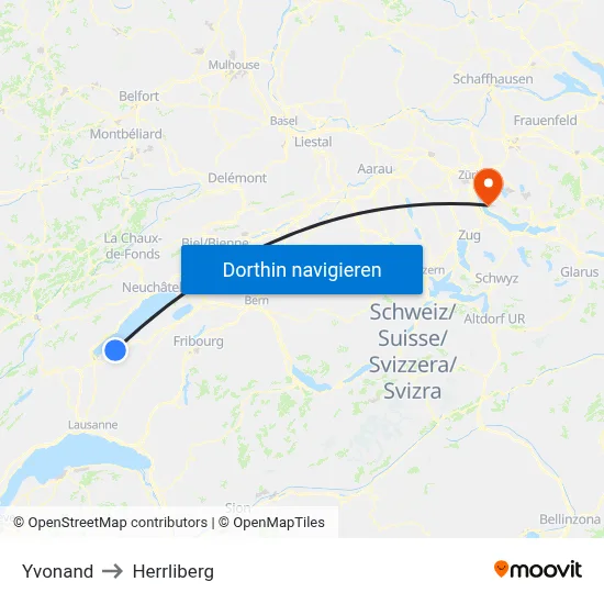 Yvonand to Herrliberg map