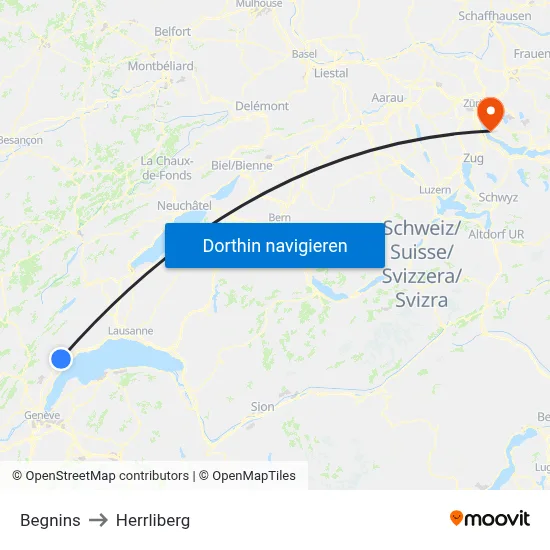 Begnins to Herrliberg map
