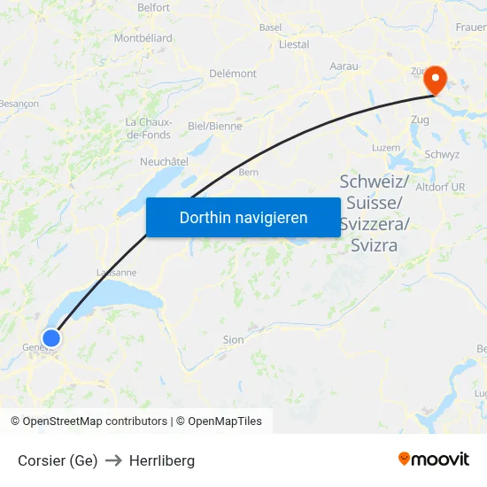 Corsier (Ge) to Herrliberg map