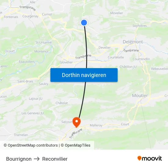 Bourrignon to Reconvilier map
