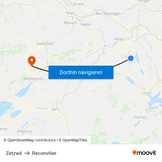 Zetzwil to Reconvilier map