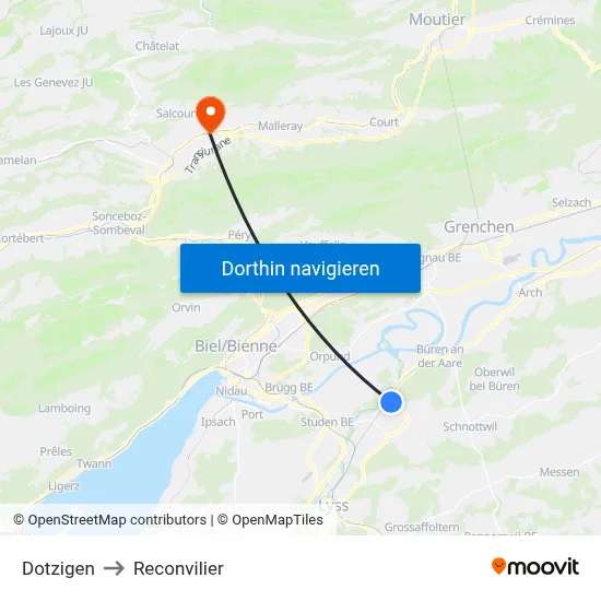 Dotzigen to Reconvilier map