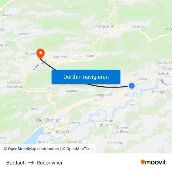 Bettlach to Reconvilier map