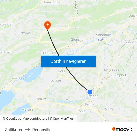 Zollikofen to Reconvilier map