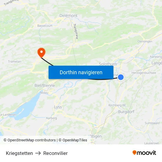 Kriegstetten to Reconvilier map