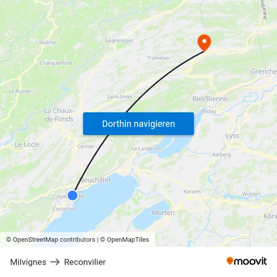 Milvignes to Reconvilier map