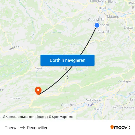 Therwil to Reconvilier map