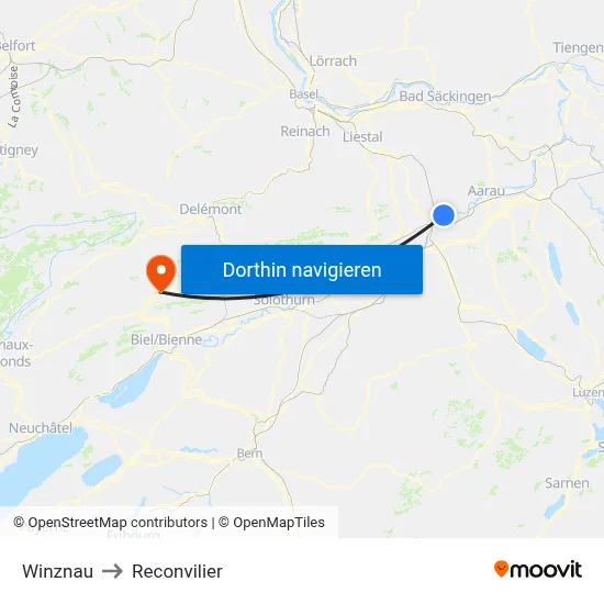 Winznau to Reconvilier map