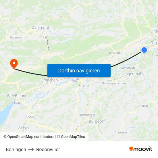 Boningen to Reconvilier map