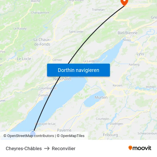 Cheyres-Châbles to Reconvilier map