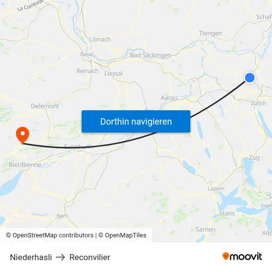 Niederhasli to Reconvilier map